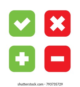 Flat checkmark, Cross and Plus, Minus web button, flat design x & v, + & -, green and red rounded square shape icons with shadow, vector, isolated on white background