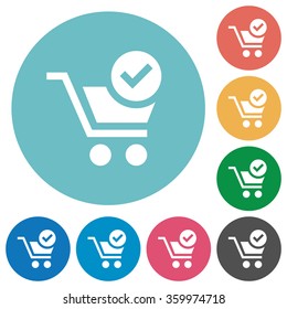 Flat checkout icon set on round color background.