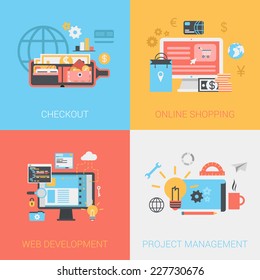 Flat checkout methods, online shopping, web development, project management concept. Vector icon banners template set. Money wallet, credit card, code. Web illustration. Website infographics elements.