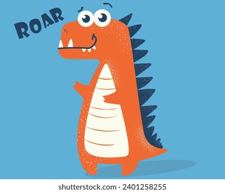 Un dinosaurio plano y alegre con un corto rugido. Dinosaurio pintado con estilo, rojo y bonito. Ilustración de un dinosaurio, divertido y hermoso.