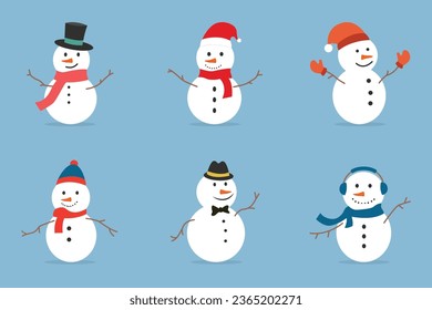 Flat Cheerful Snowman set in different costumes. Winter, Christmas, and New Year design elements