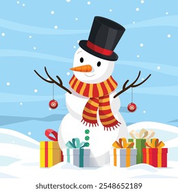 Flat Cheerful Snowman Welcoming Winter Joy vector illustration