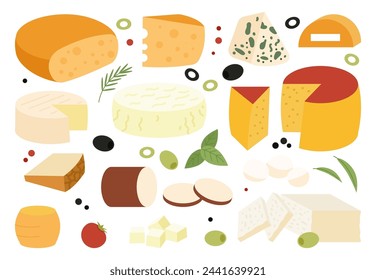 Colección de quesos planos. Deliciosos productos lácteos, productos frescos del mercado agrícola. Cocina italiana o francesa, queso blanco y amarillo, juego de vectores decente