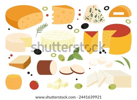 Flat cheese collection. Delicious dairy products, fresh farm market goods. Italian or french cuisine, white and yellow cheese, decent vector set