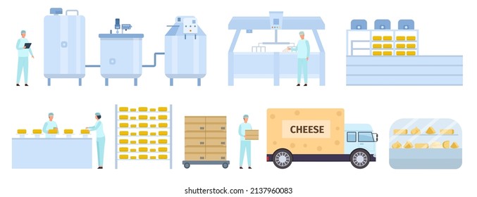 Flat cheese production manufacture factory with workers. Dairy product form process stages line. Cheese making machinery vector infographic. People controlling food quality, healthy dish