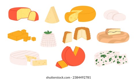 Juego de queso plano. Productos lácteos variados, plato de queso fresco para el vino. Mozzarella y gouda, deliciosa comida de élite para fiestas o cenas, racy vector clipart