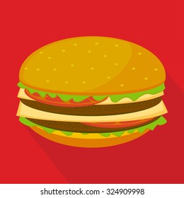 flat cheeseburger illustration with a shadow on a red background