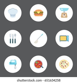 Flat Chef Hat, Electric Stove, Soup Spoon And Other Vector Elements. Set Of Kitchen Flat Symbols Also Includes Bowl, Weight, Spoon Objects.
