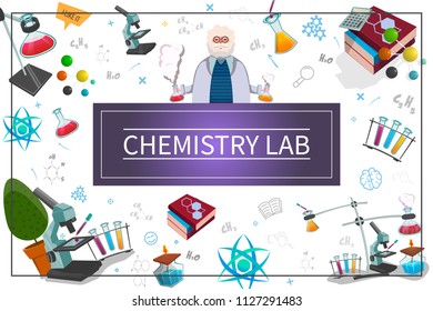 Flat chemistry laboratory concept with scientist test flasks tubes books microscope atom molecule chemical formulas in frame vector illustration