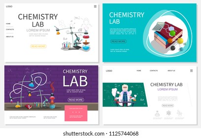 Flat chemistry laboratory websites set with scientist books test flasks microscope chemical formulas atom and molecule models vector illustration