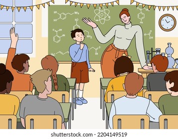 Flat chemistry teacher and pupil boy stand at chalkboard in school classroom interior with table, laboratory flasks and blackboard. Cartoon woman pedagogue teaching students in class.