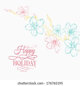 Flat cherry blossom on branch. Vector illustration.