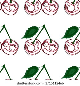 Flat cherry seamless background vector illustration. Exotic fruits. Pattern for healthy lifestyle design. Scandinavian style. Vegetarian summer backdrop. Kitchen art. Fresh poster.