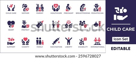 Flat child care and kid rights icon set featuring parenting, child safety, education, international children's day, and family support symbols.