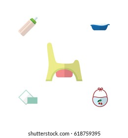 Flat Child Set Of Bathtub, Feeder, Napkin And Other Vector Objects. Also Includes Child, Feeder, Toilet Elements.