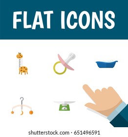 Flat Child Set Of Bathtub, Mobile, Toy And Other Vector Objects. Also Includes Children, Toy, Bathing Elements.