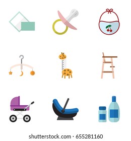 Flat Child Set Of Child Chair, Cream With Lotion, Stroller And Other Vector Objects. Also Includes Nipple, Pram, Soothers Elements.