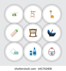 Flat Child Set Of Child Chair, Feeder, Toy And Other Vector Objects. Also Includes Weighing, Child, Cream Elements.