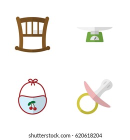Flat Child Set Of Children Scales, Pinafore, Infant Cot And Other Vector Objects. Also Includes Pinafore, Children, Weighing Elements.