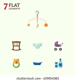 Flat Child Set Of Cream With Lotion, Nappy, Stroller And Other Vector Objects. Also Includes Bathtub, Baby, Children Elements.