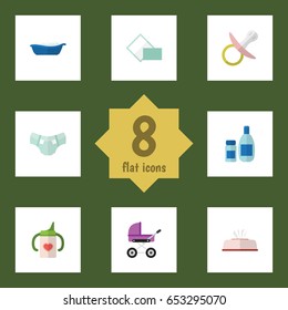 Flat Child Set Of Cream With Lotion, Stroller, Nipple And Other Vector Objects. Also Includes Bottle, Box, Baby Elements.