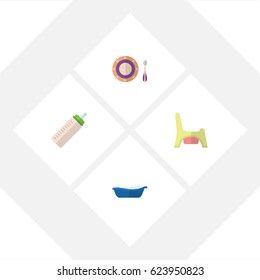 Flat Child Set Of Feeder, Bathtub, Baby Plate And Other Vector Objects. Also Includes Dish, Baby, Bottle Elements.