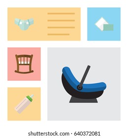 Flat Child Set Of Feeder, Infant Cot, Nappy And Other Vector Objects. Also Includes Cot, Bottle, Baby Elements.
