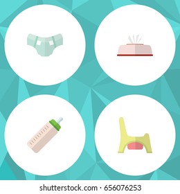 Flat Child Set Of Feeder, Nappy, Toilet And Other Vector Objects. Also Includes Pampers, Bottle, Toilet Elements.