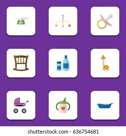 Flat Child Set Of Mobile, Stroller, Cream With Lotion And Other Vector Objects. Also Includes Nipple, Soothers, Pacifier Elements.