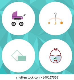 Flat Child Set Of Mobile, Stroller, Napkin And Other Vector Objects. Also Includes Towel, Pinafore, Stroller Elements.