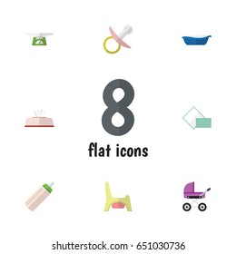 Flat Child Set Of Napkin, Children Scales, Feeder And Other Vector Objects. Also Includes Pacifier, Toilet, Box Elements.