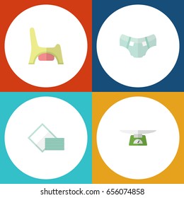 Flat Child Set Of Napkin, Nappy, Children Scales And Other Vector Objects. Also Includes Potty, Diaper, Nappy Elements.