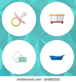 Flat Child Set Of Napkin, Nipple, Playground And Other Vector Objects. Also Includes Playground, Bathing, Children Elements.