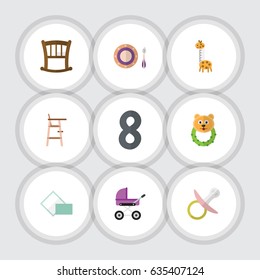 Flat Child Set Of Nipple, Child Chair, Rattle And Other Vector Objects. Also Includes Dish, Cot, Child Elements.