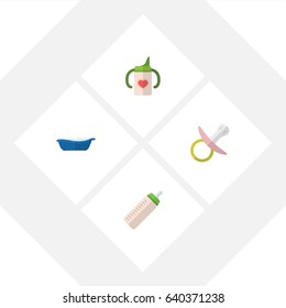 Flat Child Set Of Nipple, Feeder, Nursing Bottle And Other Vector Objects. Also Includes Bathtub, Bathing, Soothers Elements.