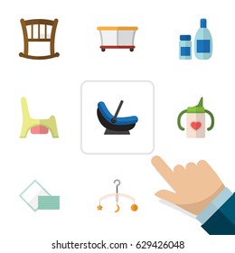 Flat Child Set Of Nursing Bottle, Playground, Pram And Other Vector Objects. Also Includes Bottle, Cot, Pram Elements.