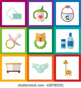 Flat Child Set Of Nursing Bottle, Nappy, Cream With Lotion And Other Vector Objects. Also Includes Tissue, Diaper, Baby Elements.