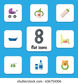 Flat Child Set Of Nursing Bottle, Stroller, Bathtub And Other Vector Objects. Also Includes Rattle, Bathing, Baby Elements.