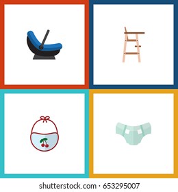 Flat Child Set Of Pinafore, Child Chair, Pram And Other Vector Objects. Also Includes Nappy, Chair, Child Elements.