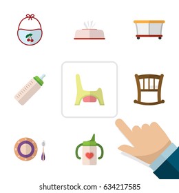 Flat Child Set Of Playground, Baby Plate, Nursing Bottle And Other Vector Objects. Also Includes Child, Cot, Plate Elements.