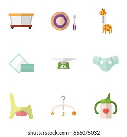 Flat Child Set Of Playground, Nursing Bottle, Nappy And Other Vector Objects. Also Includes Dish, Diaper, Giraffe Elements.