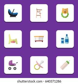 Flat Child Set Of Playground, Pram, Cream With Lotion And Other Vector Objects. Also Includes Bottle, Chair, Pacifier Elements.
