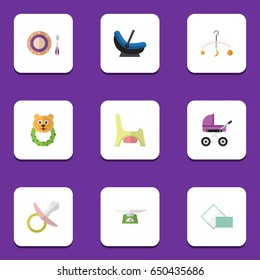 Flat Child Set Of Pram, Children Scales, Mobile And Other Vector Objects. Also Includes Nipple, Children, Scales Elements.