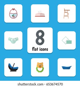 Flat Child Set Of Pram, Nappy, Bathtub And Other Vector Objects. Also Includes Children, Towel, Bib Elements.