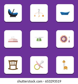 Flat Child Set Of Pram, Nipple, Mobile And Other Vector Objects. Also Includes Plate, Baby, Pacifier Elements.