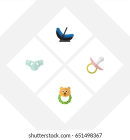 Flat Child Set Of Pram, Rattle, Nipple And Other Vector Objects. Also Includes Rattle, Pampers, Cradle Elements.