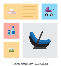 Flat Child Set Of Pram, Stroller, Cream With Lotion And Other Vector Objects. Also Includes Box, Scales, Napkin Elements.