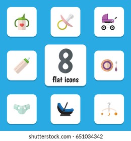Flat Child Set Of Stroller, Baby Plate, Mobile And Other Vector Objects. 
