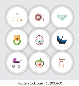 Flat Child Set Of Stroller, Child Chair, Rattle And Other Vector Objects. Also Includes Mobile, Child, Pinafore Elements.