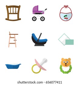 Flat Child Set Of Stroller, Child Chair, Nipple And Other Vector Objects. Also Includes Beanbag, Children, Tissue Elements.